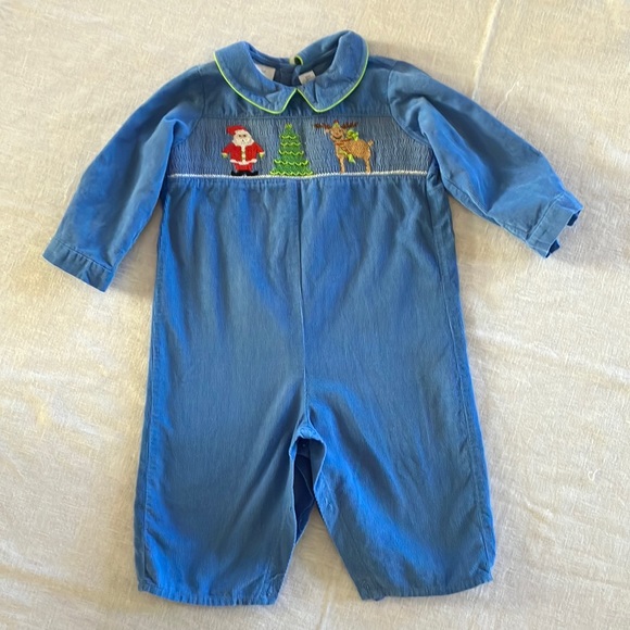 One Pieces | 12m Blue Corduroy Smocked Santa And Rudolph Jon Jon | Poshmark